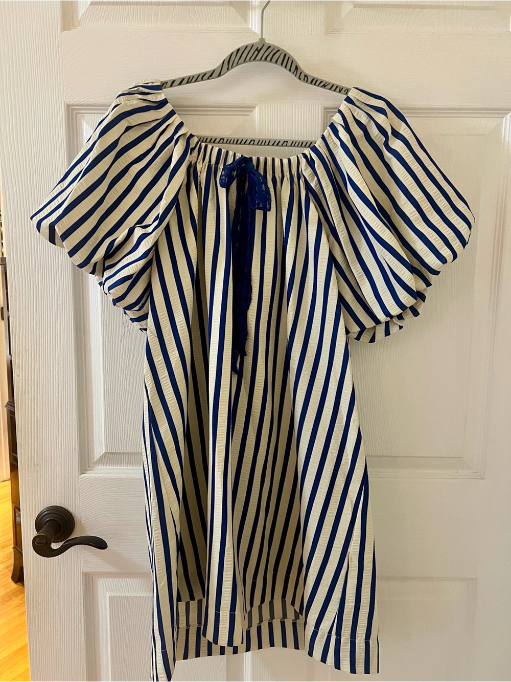 Umgee Navy and White Striped Puff Sleeve Dress